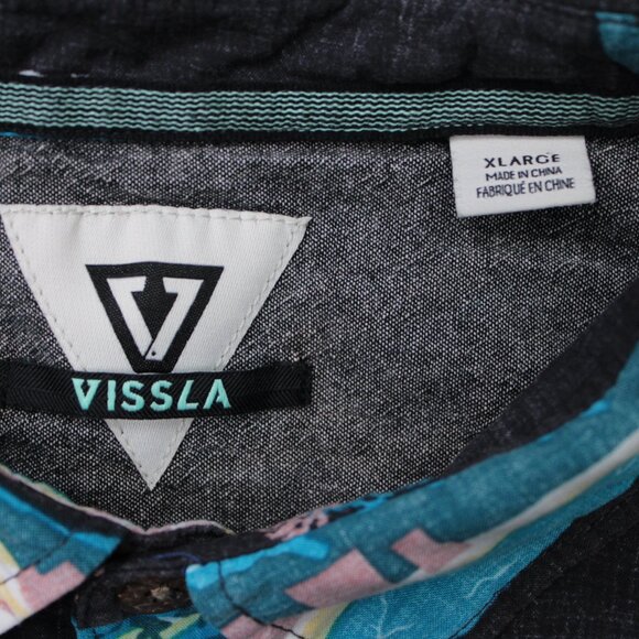 Vissla Waikikooks Shirt Mens XL Black/Blue Beach Print Cotton/Viscose S/S Button - Picture 7 of 14